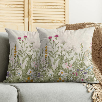 Spring Floral Pillow Covers 18 x 18 Inch Set of 2 Vintage Sage Green Wild Flowers Decor Throw Pillows Wildflower Plant Outdoor Farmhouse Decorative Cushion Cases for Couch Bed Sofa Decoration