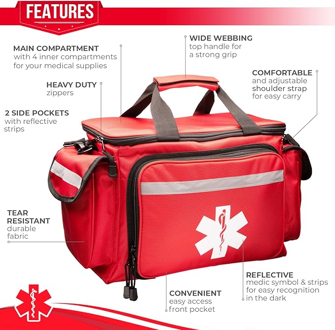 NOVAMEDIC Professional Red Empty Trauma First Aid Medical Bag, 15"x10"x9", Multi Compartment First Responder Carrier for EMT, Paramedics, Emergency and Medical Supplies Kit