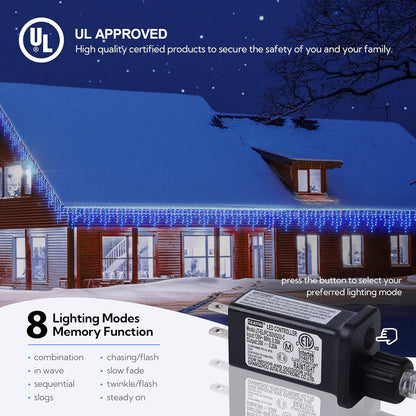 Hopolon 33FT 360L LED Christmas Icicle Lights Outdoor Waterproof,8 Modes Plug in Curtain String LIghts With 60 Drops,Christmas Lights for Wedding,Party,Bedroom,Home,Garden,Wall Decorations(Blue White)