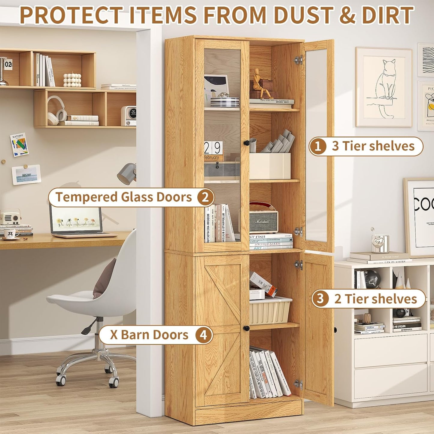 71" Tall Bookshelves Set of 3, 2 Bookcases with Drawers & 1 Bookshelf with Doors, Wooden Bookshelves Floor Standing Display Storage Shelves Home Decor Furniture for Home Office, Living Room