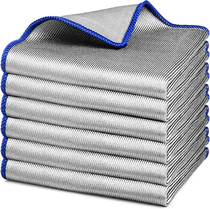Microfiber Cleaning Cloth Polishing Glass Cleaner Absorbent Kitchen Towel Quick Drying Miracle Lint Free Rags for Household Auto Detailing Bathroom, Pack of 6, 12 x 12 Inch, Sliver-Blue
