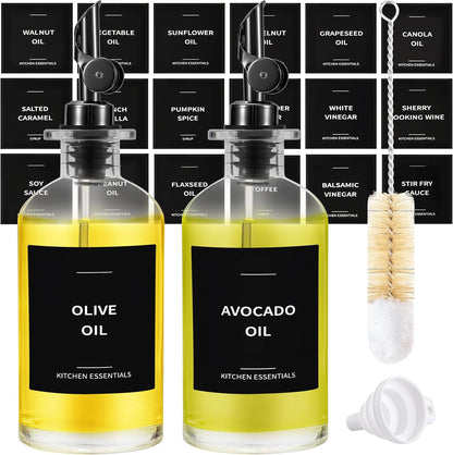 Olive Oil Dispenser Bottle - Includes 55 Kitchen Essential Labels - Cooking Oil Bottles for Kitchen, Coffee Syrup Dispenser - Pourer Spout with 11.8 fl oz Glass Container Cruet - 2pcs, Black
