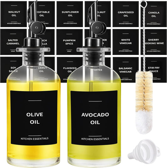 Olive Oil Dispenser Bottle - Includes 55 Kitchen Essential Labels - Cooking Oil Bottles for Kitchen, Coffee Syrup Dispenser - Pourer Spout with 11.8 fl oz Glass Container Cruet - 2pcs, Black