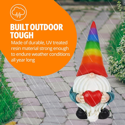 Exhart Garden Gnome, Solar Garden Gnome Statue with Heart, LED Rainbow Hat, Cute Outdoor Garden Decoration, 6 x 12.5 Inch, Multicolor, Resin