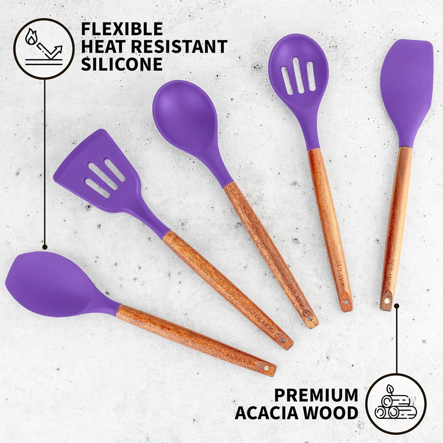 Zulay Kitchen Non-Stick Cooking Utensils Set with Authentic Acacia Wood Handles – 5-Piece Durable & Stylish Silicone Kitchen Utensils Set – Heat Resistant to 464°F – Purple