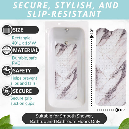 ENKOSI Bath Mat – Large 40 x 16 Inch Non-Slip Bathtub Mat with Suction Cups & Drain Holes – Extra Long Shower Mat for Tub with Marble Print Design (Grey Marble 40x16)