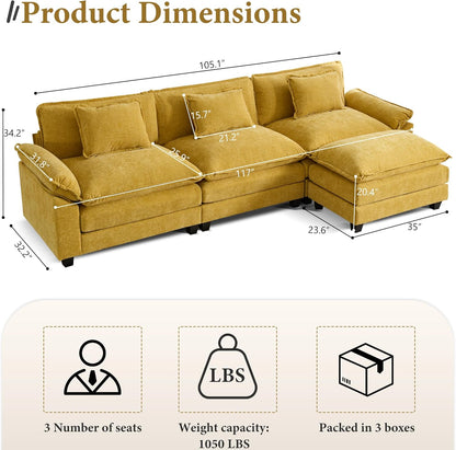 URRED Modular Sectional Sofa Comfy Cloud Couch, Modern Chenille Sofa Sleeper Deep Seat Couches with Ottoman/Pillows for Living Room (Yellow, 117''- L Shape)
