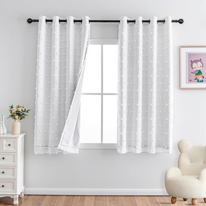 MYSKY HOME 100% Blackout Curtains for Bedroom White Blackout Curtains 54 Inches Long Thermal Insulated 2 Panels Short Kitchen Curtains with White Pom Pom Sheer Room Darkening Grommet, 52 x 54 Inch