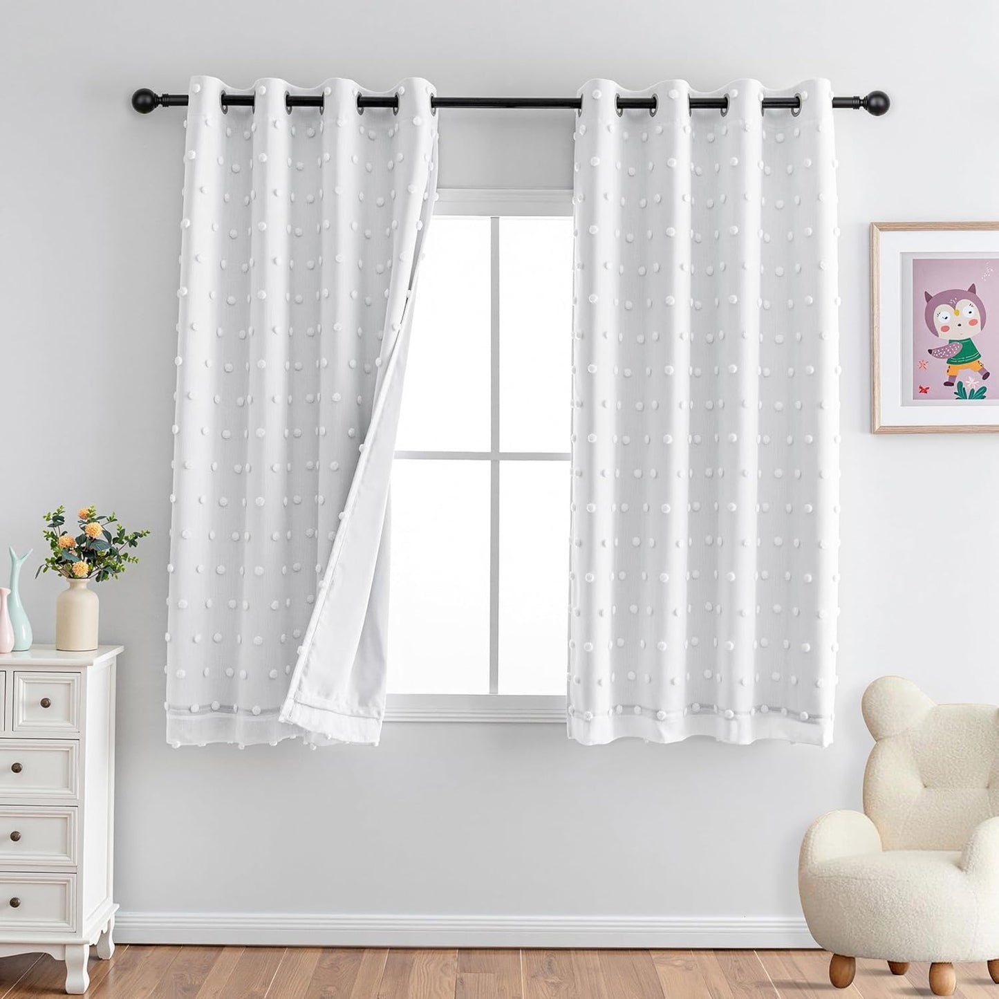 MYSKY HOME 100% Blackout Curtains for Bedroom White Blackout Curtains 63 Inches Long Thermal Insulated 2 Panels Short Kitchen Curtains with White Pom Pom Sheer Room Darkening Grommet, 52 x 63 Inch
