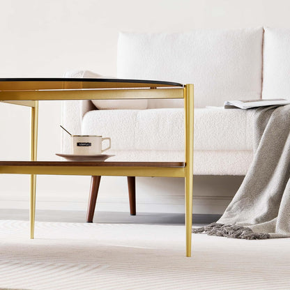 Oval Glass Coffee Table, Mid-Century Modern Design, L43 x W22 x H17 inch, 2-Tier Structure, Olive Shaped Amber Glass Top and Walnut Finish Wood Shelf, Tapered Legs with Gold Finish Frame