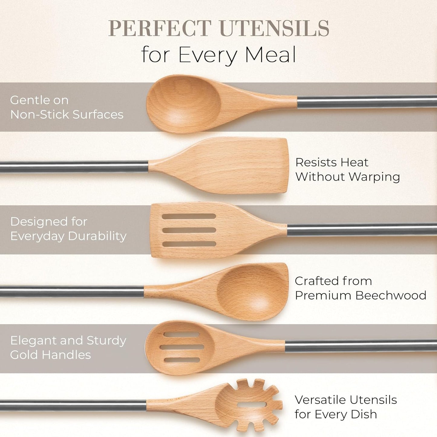 STYLED SETTINGS Wood Cooking Utensils Set with Stainless Steel Handles – 6-PC Durable Wooden Spoons for Cooking, Serving, & Mixing – Kitchen Utensils Set for Nonstick Cookware, Great for Gifting