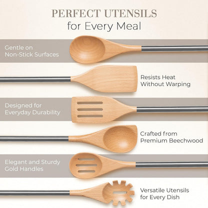 STYLED SETTINGS Wood Cooking Utensils Set with Stainless Steel Handles – 6-PC Durable Wooden Spoons for Cooking, Serving, & Mixing – Kitchen Utensils Set for Nonstick Cookware, Great for Gifting