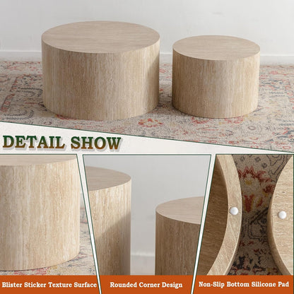 Round Nesting Coffee Table Modern Fluted Coffee Table Set of 2 Circle Drum Coffee Tables Small Round Accent Side End Table for Living Room No Assembly (Travertine 26in)