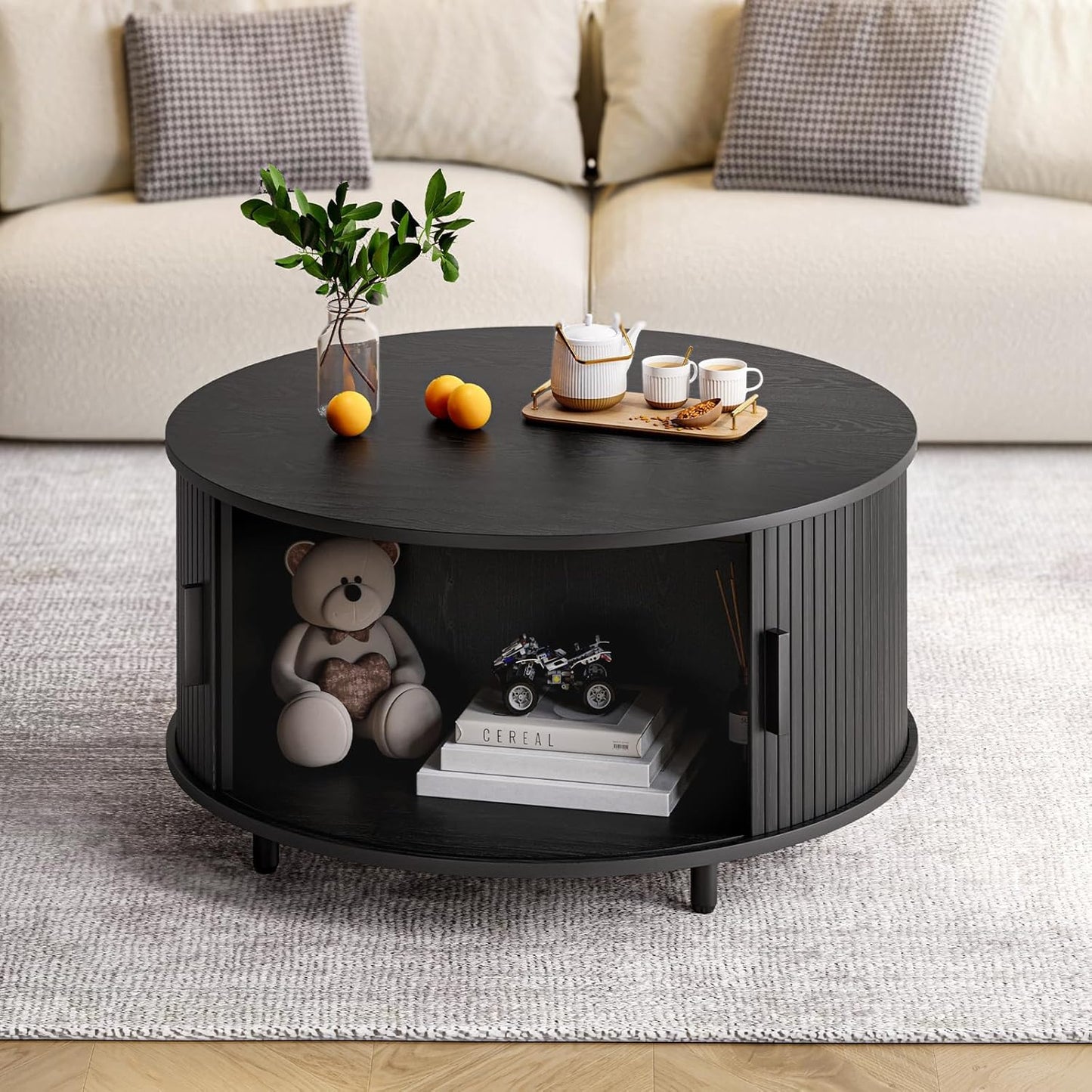 Round Coffee Table with Storage, 31.5" Modern Coffee Table with 360° Curved Sliding Door, Fluted Wood Accent Coffee Table with Adjustable Footpads, Round Center Table for Living Room, Black