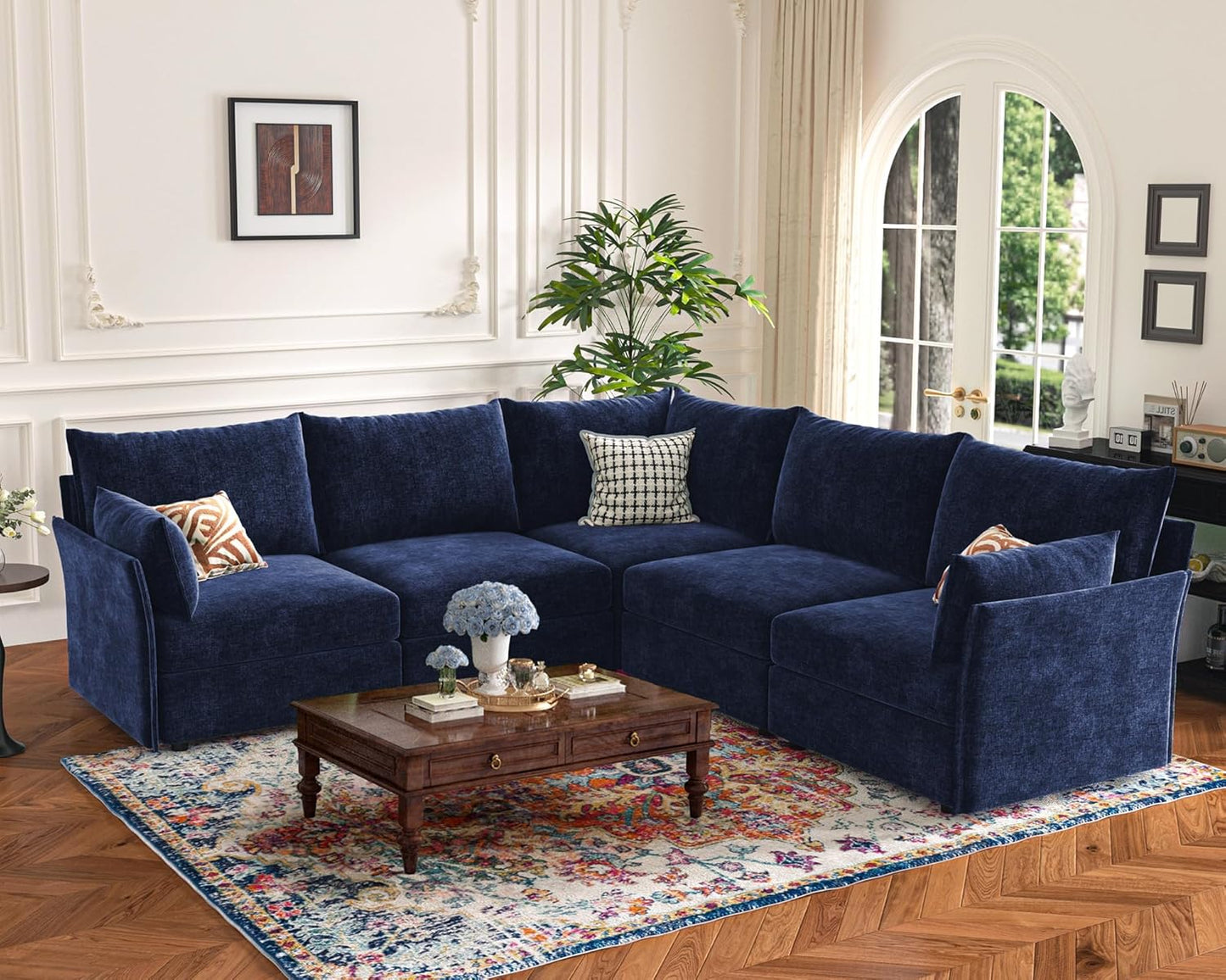 135.5" Oversized Modular Sectional Sofa, L Shaped Convertible Couch with Movable Ottoman, 5 Seat Corner Couches for Living Room Deep Seat Blue Chenille