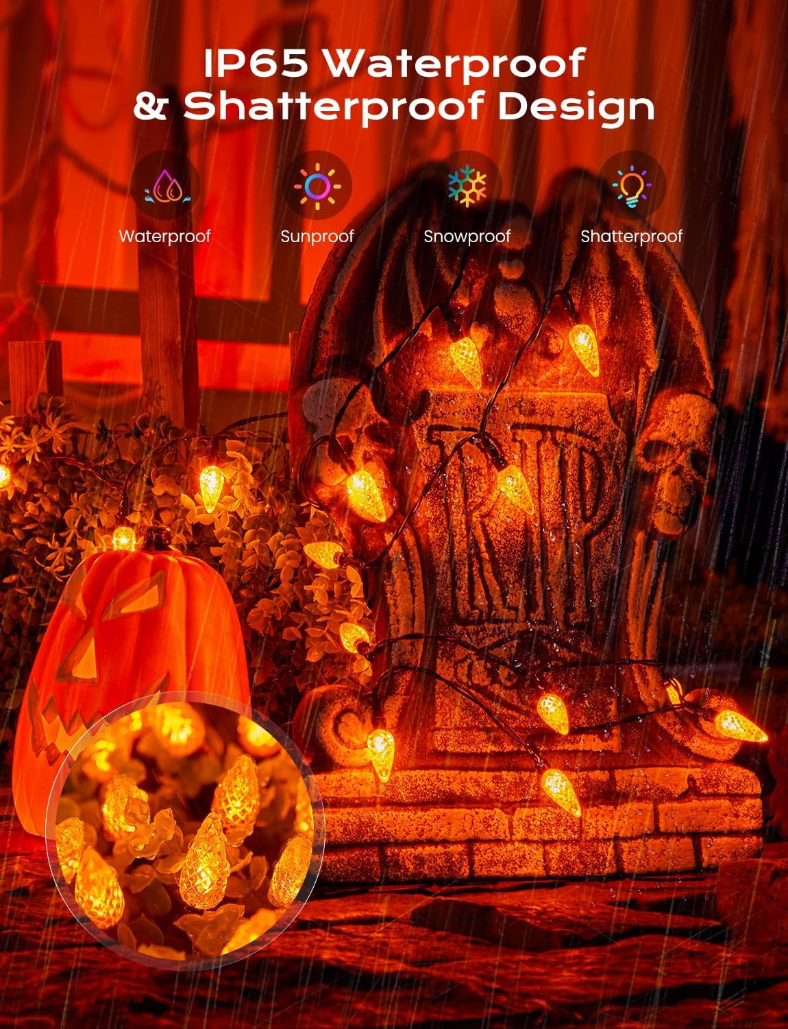 Brightown Solar Operated C6 Halloween Outdoor Lights, 22.64ft 50 LEDs Orange Halloween Lights, Strawberry LED Fairy Lights, Solar Waterproof String Light for Tree, Garden Decor Outdoor Decorations