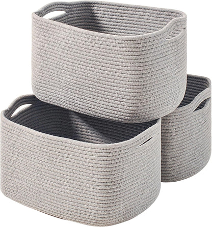 Storage Baskets for Organizing Shelves, Woven Cotton Rope Bins for Baby Nursery Organization, Book Toy Towel Organizer, 15"x11"x9.5", 3 Packs, Grey