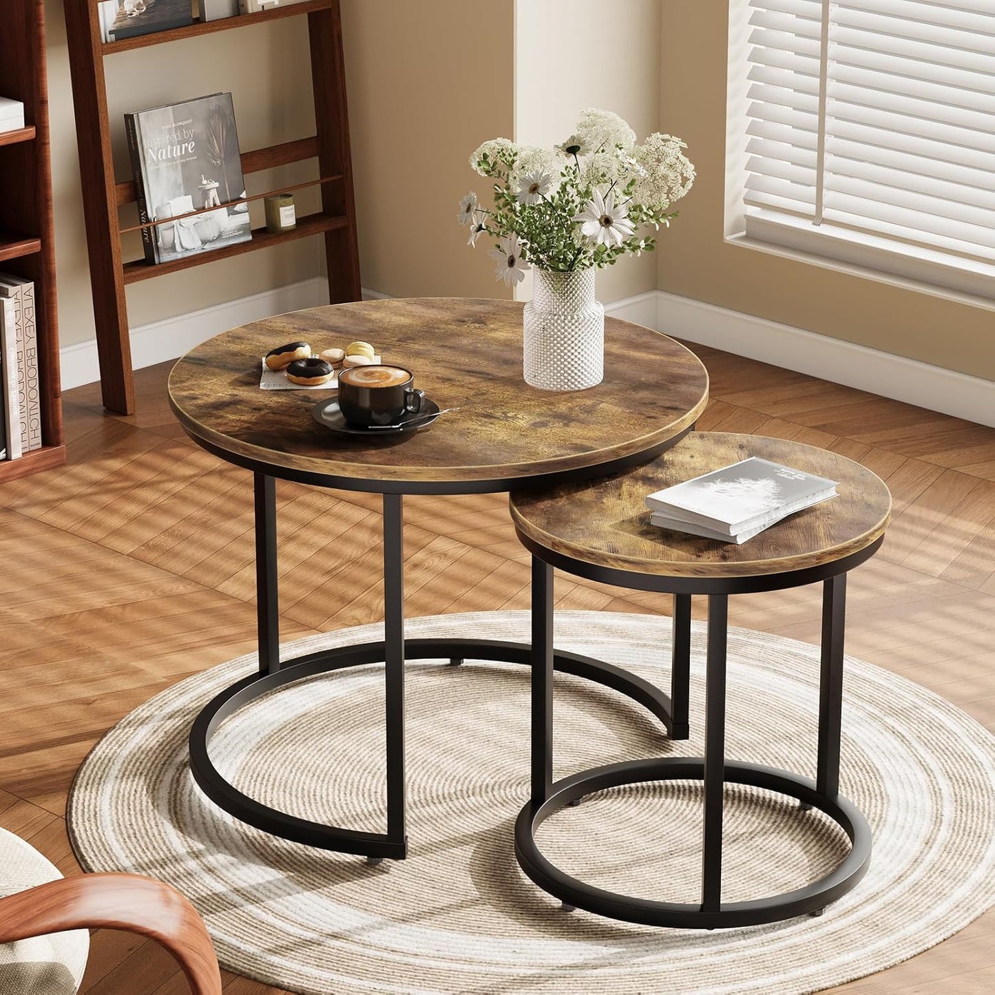 Smuxee Nesting Coffee Table Set of 2, 23.6" Round Coffee Table Rustic Wood Top with Adjustable Non-Slip Feet, Industrial End Table Side Tables for Living Room Bedroom Balcony Yard