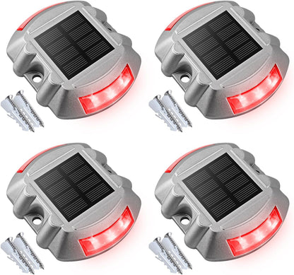 VOLISUN Christmas Solar Deck Lights Driveway Dock Lights, 4-Pack Led IP67 Waterproof Outdoor Warning Step Lights for Driveway Sidewalk Garden Pathway Yard(Red)