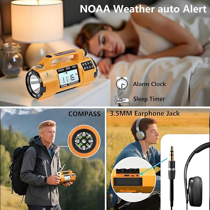 Emergency Radio FM/AM/SW/NOAA Weather Alert, Big Flashlight Big Speaker,Sleep Timer Alarm Clock, Solar/Hand Crank 5000mAh Replaceable Battery,with Cell Phone Charger Hurricane Storm Survival kit