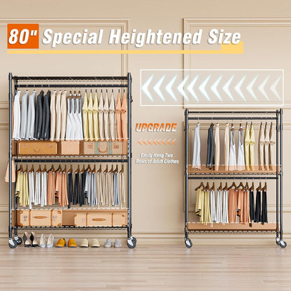 Homdox 3 Tier Heavy Duty Garment Rack with Wheels, Adjustable Wire Clothes Rack with Double Hanging Rods, Portable Closets for Hanging Clothes with Side Hooks, Black