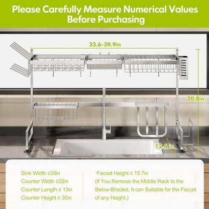 2 Tier Extra Large Stainless Steel Expandable Over The Sink Dish Drainer Drying Rack, Rust Proof Metal, Space Saving, Modern Silver Big Capacity Extendable Plate Strainers Above Kitchen Counter