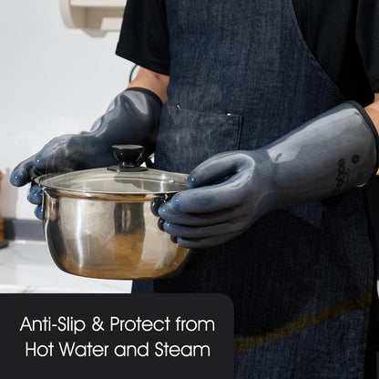 COOLJOB Heat Resistant Oven Gloves, Waterproof Liquid Silicone BBQ Grilling Gloves for Barbecue, Kitchen Cleaning, Baking, Food Contact, Black, Large