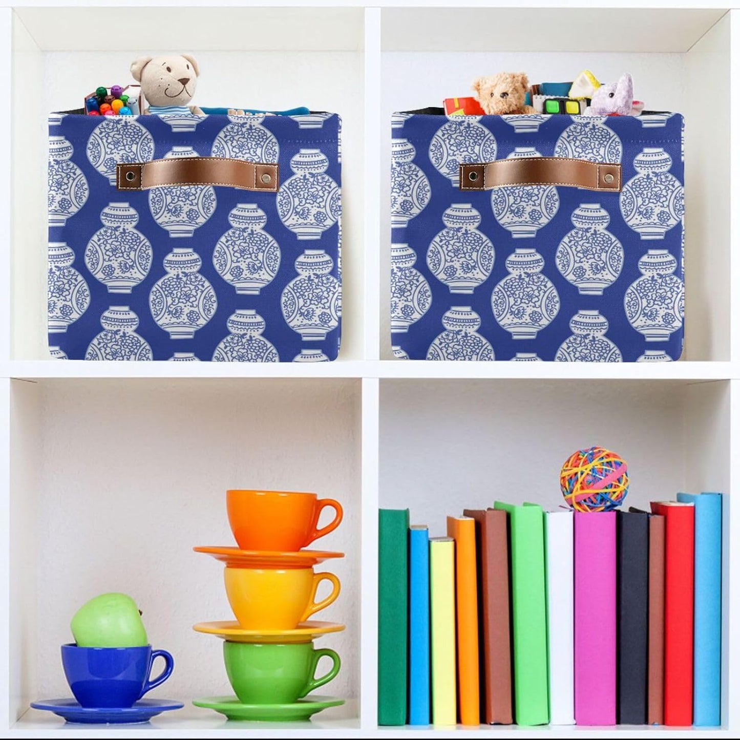 susiyo Storage Baskets for Shelves Organizer Baskets with Metal Frame Closet Storage Bins Fabric Bins Cubes with PU Handles for Organizing Shelf Nursery Toys 1 PACK,Blue Chinoiserie Vases