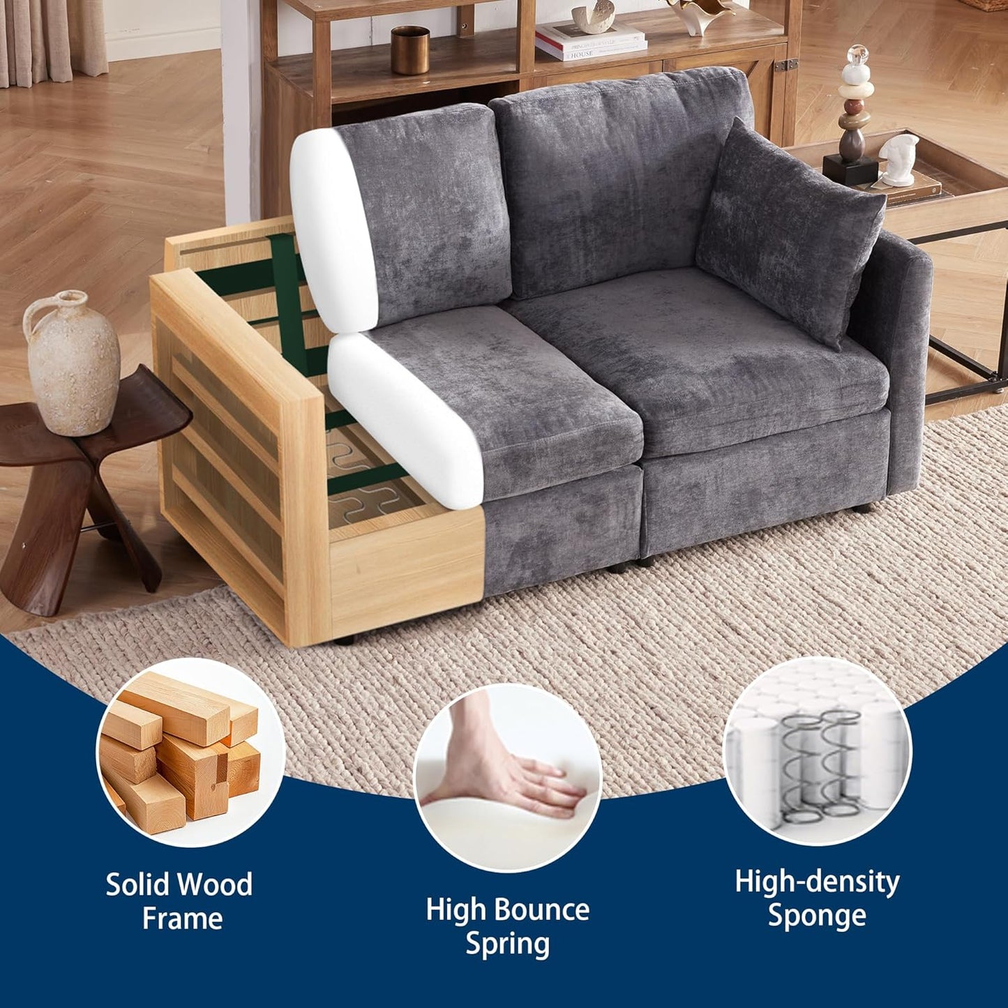 Tbfit 59" Loveseat Sofa, Chenille Small Sofa Couch, Love Seat with 2 Pillows for Small Space, Bedroom & Living Room, Grey