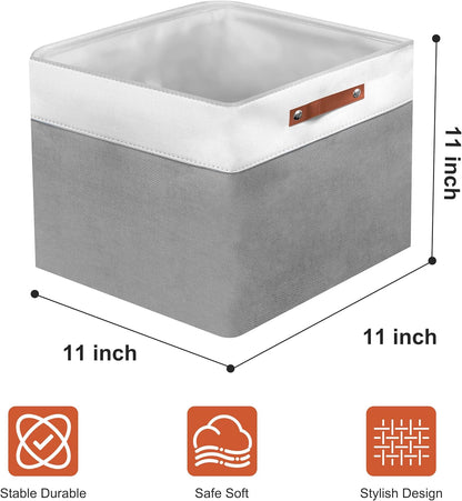 11in Open Fabric Storage Basket with Leather Handles for Organizing, Collapsible Linen Closet Bins for Shelves, Closets, Laundry, Decorative Basket for Gifts. (White＆Gray, 3PCS/11x11in)
