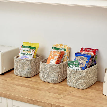 Small Cotton Rope Storage Basket Set of 3-11"x7"x7" Perfect Woven Baskets for Storage, Ideal Storage Baskets for Organizing Toys, Towels, and More - Baskets for Shelves and Home Decor（Beige）