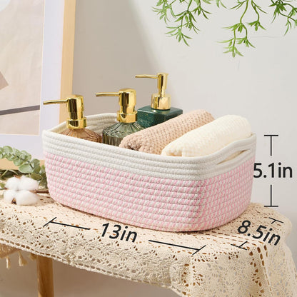 Small Storage Baskets for Organizing | Closet Organizer Bins | Shelf Toy Basket | Woven Rope Baskets | Cube Decorative Box | Shallow Basket | 13x8.5x5.1” | 3 Packs White Pink