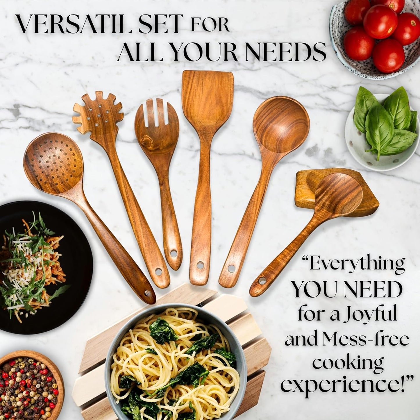 Wooden Spoons for Cooking - 8 Piece Natural Teak Kitchen Utensil Set Non Toxic - Teak Wooden Utensils with Spoon Rest and Holder