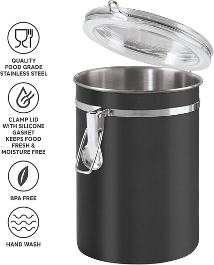 Oggi Stainless Steel Kitchen Canister 47 fl oz, Black - Airtight Clamp Lid, Clear See-Thru Top - Ideal for Kitchen Storage, Food Storage, Pantry Storage. Large Size 5" x 6".