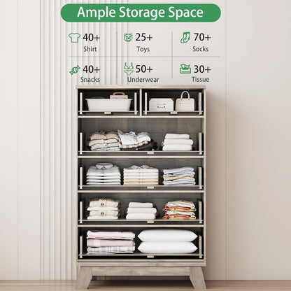 Fluted Dresser for Bedroom with 6 Drawers, 46" Tall Modern Chest of Drawers with Metal Handle, Wooden Dresser TV Stand, Wood Closet Clothes Storage Organizer for Living Room, Hallway, Grey