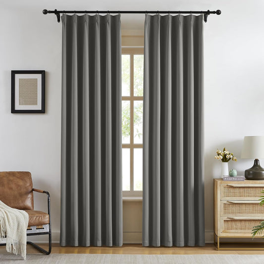KangBang Grey Pinch Pleated Curtains 90 Inches Long for Bedroom, Blackout Energy Saving Neutral Modern Alloy Pinch Pleat Curtains & Drapes with Adjustable Hooks 2 Panels,40Wx90L