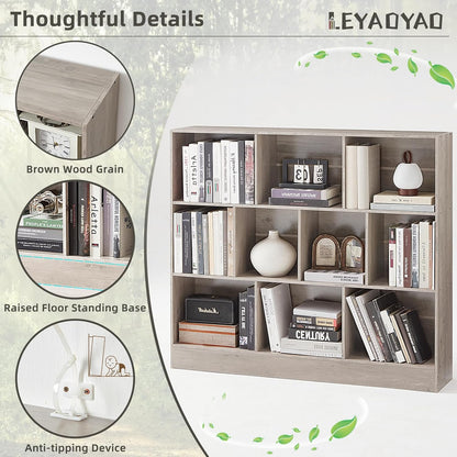 LEYAOYAO 10 Cube Bookshelf with Base,3 Tier Mid-Century Modern Grey Bookcase,Standing Wide Bookshelves Storage Organizer Shelf,Rustic Wood Display Cabinet Book Shelves for Bedroom,Living Room,Office