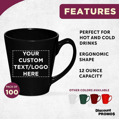 DISCOUNT PROMOS Custom Glossy Ceramic Latte Coffee Mug 12 oz. Set of 100, Personalized Bulk Pack - Perfect for Tea, Espresso, Cappuccino, Hot Cocoa - Black