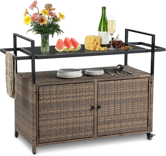 Wicker Outdoor Bar Cart - Brown Patio Console Storage Table Buffet Cabinet Serving Kitchen Cart with Wheels for Outside Backyard