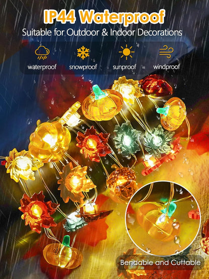 Fall Decorations 3D Pumpkin Acorn Maple Leaf Fairy Lights Battery Operated with Remote, 10FT 30 LED String Lights Outdoor & Indoor, Waterproof 8 Modes for Garland Harvest Thanksgiving Halloween Decor