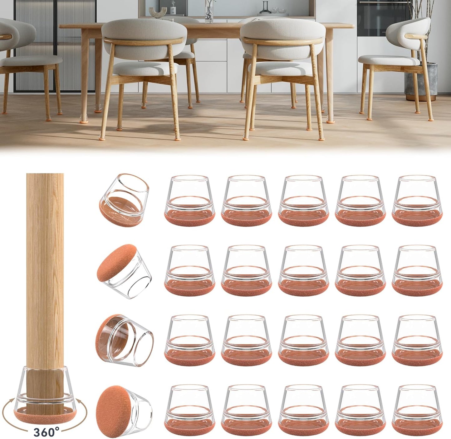 24PCS Upgraded Silicone Chair Leg Floor Protectors for Hardwood Floors, Furniture Sliders for Chair Legs, 360°Felt Pad Bottom Wrapped Thickening Furniture Pads Cap Covers to Scratch and Reduce Noise