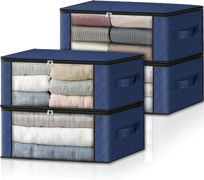 HomeHacks Storage 4-Pack Clothes Organizer Storage Bags Foldable Storage Box with Large Clear Window Sturdy Handles for Closet, Dorm, Pillows, Bedding, Clothes, Blankets, 35L, Blue