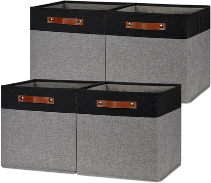 HNZIGE Storage Baskets for Organizing, Set of 4, Square Fabric Storage Cubes Bins 13 x 13, Collapsible Black Storage Bins for Shelves, Closets, Nursery, Home, Office (Black&Grey)
