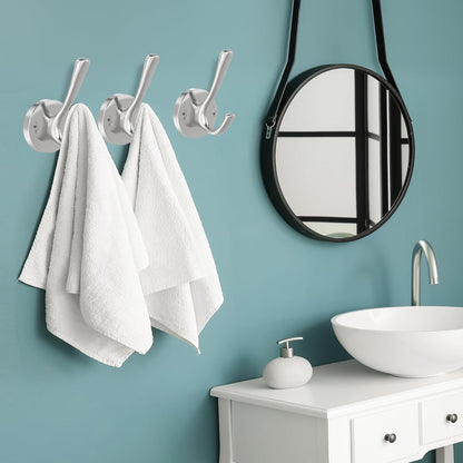 Brushed Nickel Robe Hooks Towel Hooks, 3 Pack Coat Hook Heavy Duty Mudroom Hook Double Bathrobe Hook Wall Mounted, Hat Hooks for Entryway Bathroom Kitchen Closet