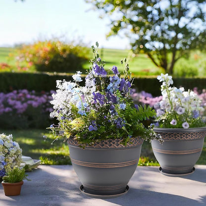 4 Pack 12 Inch Large Plant Pots, Plastic Flower Pot for Indoor & Outdoor with Drainage Holes & Saucer, Plaid Pattern Planters Garden Pots for Herbs Bronze