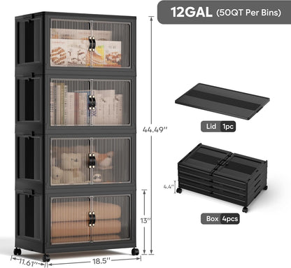Jalove 50QT Plastic Storage Bins with lids, Stackable Collapsible Storage Containers with Wheels, Closet Organizer and Drawers, Clothes Storage Cabinet for Home Office Garage, 4 Pack Black
