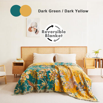 MSGKV Boho Throw Blanket for Bed Twin Size Cotton Muslin Breathable Floral Blanket 60"x80" Sofa Couch Blankets for All Seasons Lightweight Farmhouse Blankets Boho Home Decor