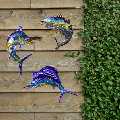 Metal Fish Wall Art Decor, 3-Piece Marlin Tuna Swordfish Set, Blue and Gold Tropical Ocean Theme Outdoor Wall Decor for Patio Garden Yard, Decorative Hanging Sculptures