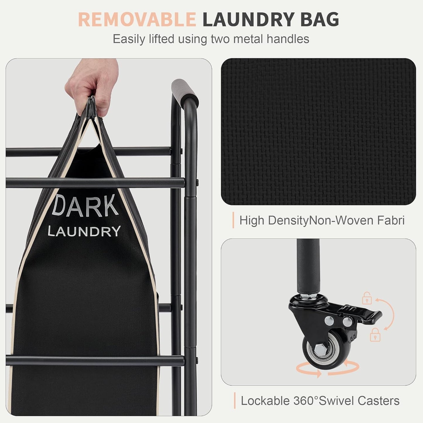 Laundry Sorter 3 Section,Laundry Hamper Cart with Hanging Rack & Removable Bags,Heavy Duty Laundry Basket with Wheels & 2 Tier Shelf,Space-Saving Laundry Basket Organizer for Laundry Room