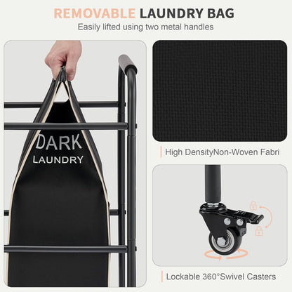 Laundry Sorter 3 Section,Laundry Hamper Cart with Hanging Rack & Removable Bags,Heavy Duty Laundry Basket with Wheels & 2 Tier Shelf,Space-Saving Laundry Basket Organizer for Laundry Room